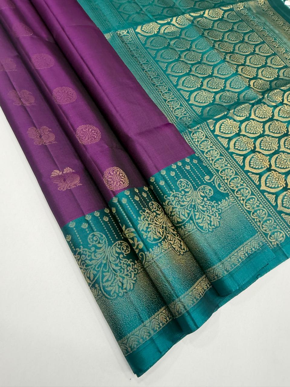 VST308 - violet color body , peacock green color pallu,blouse - Pure silk saree