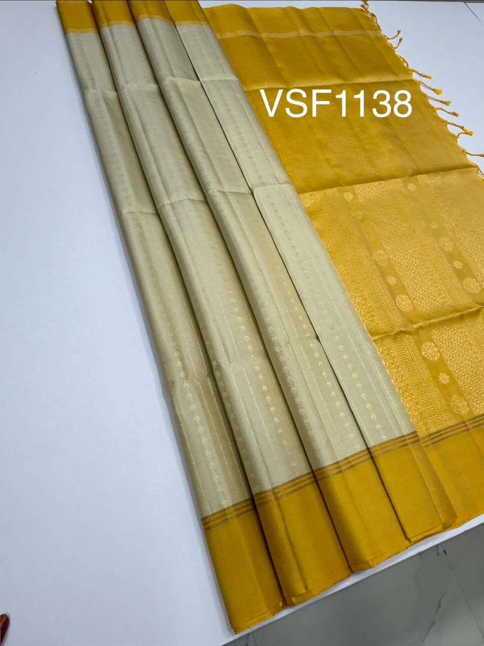 VSF1138 - beige color body , yellow color pallu,blouse - Pure silk saree