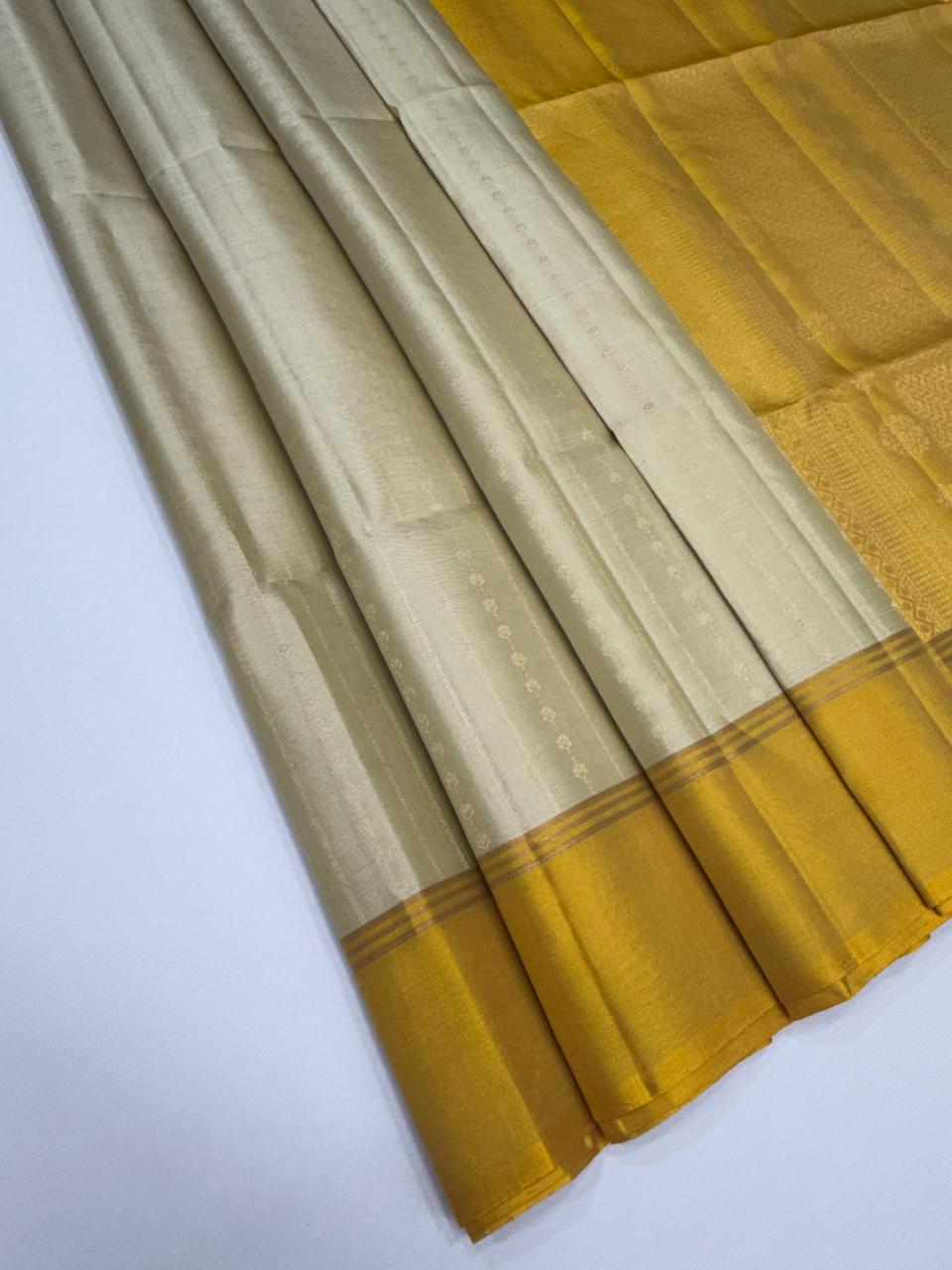 VSF1138 - beige color body , yellow color pallu,blouse - Pure silk saree