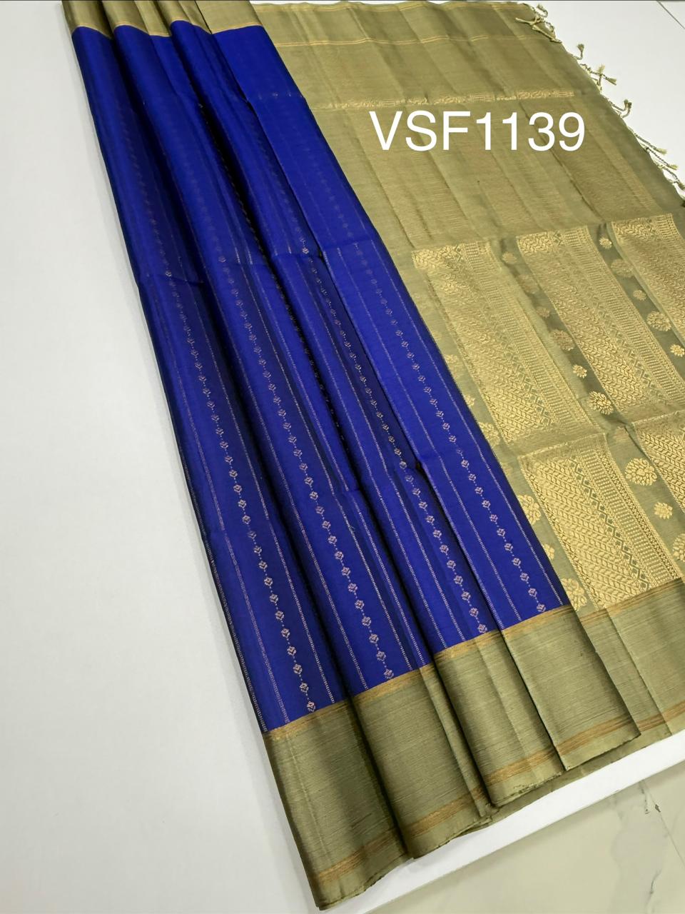 VSF1139 - ink blue color body , beige color pallu,blouse - Pure silk saree