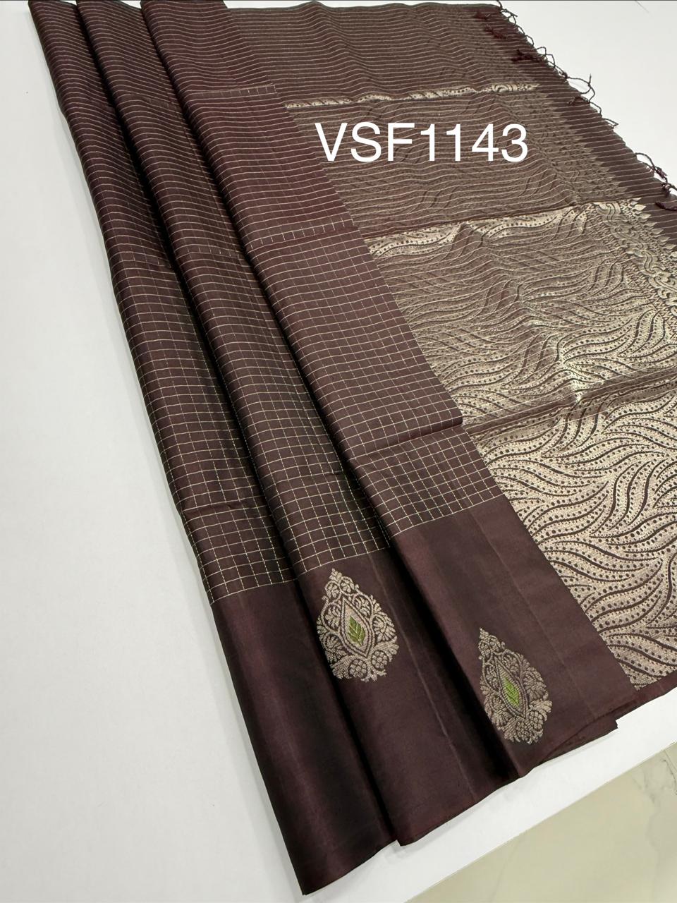 VSF1143 - dark brown color body , pallu,blouse - Pure silk saree