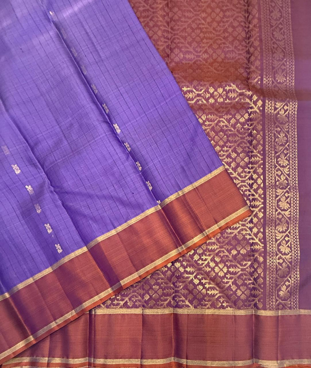 VSOH465 - lavender color body , orange with violet color pallu , blouse - Pure silk saree