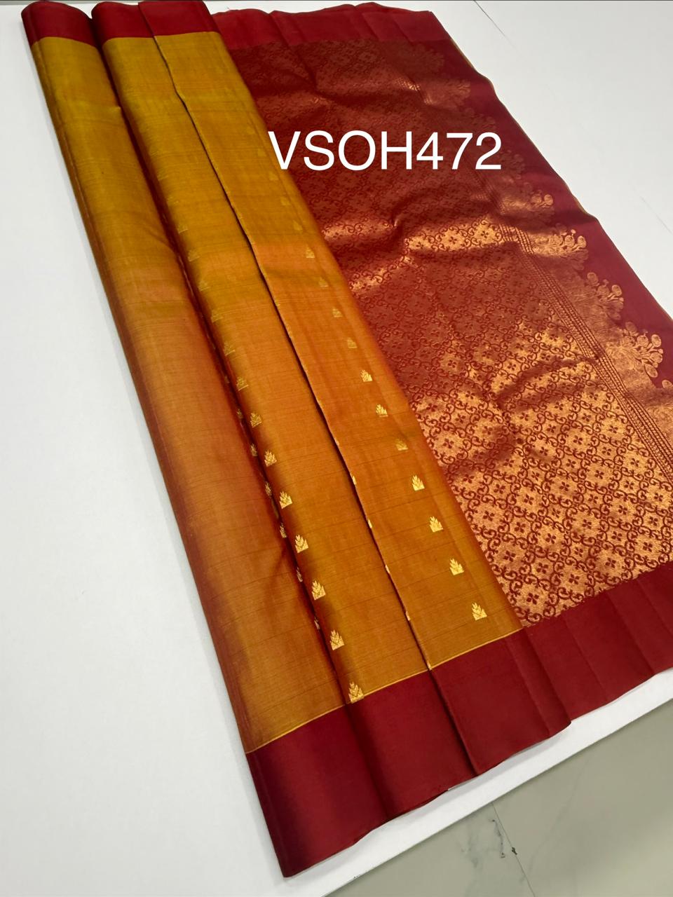 VSOH472 - mustard with red color body , dark red color pallu , blouse - Pure silk saree