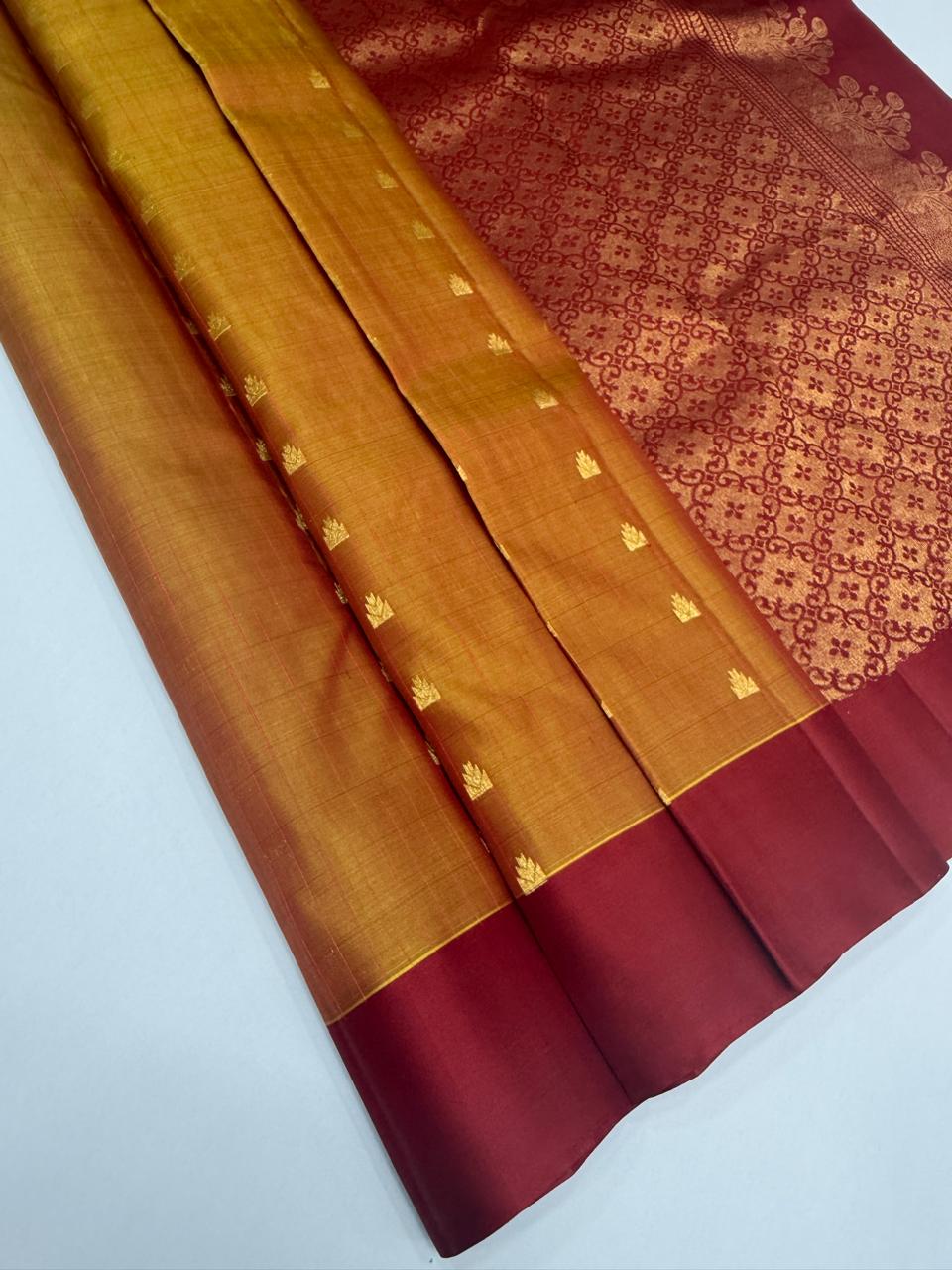 VSOH472 - mustard with red color body , dark red color pallu , blouse - Pure silk saree