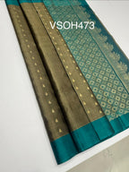 VSOH473 - cement grey color body , peacock blue color pallu , blouse - Pure silk saree