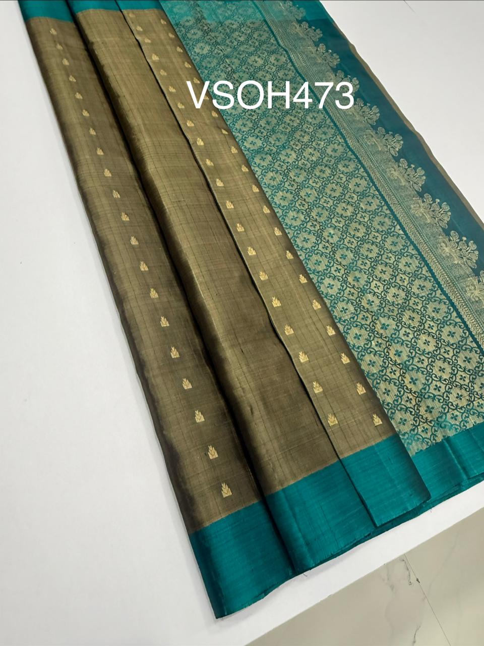 VSOH473 - cement grey color body , peacock blue color pallu , blouse - Pure silk saree