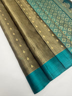 VSOH473 - cement grey color body , peacock blue color pallu , blouse - Pure silk saree