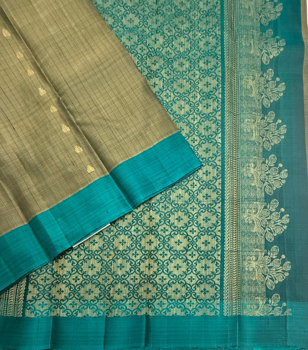 VSOH473 - cement grey color body , peacock blue color pallu , blouse - Pure silk saree