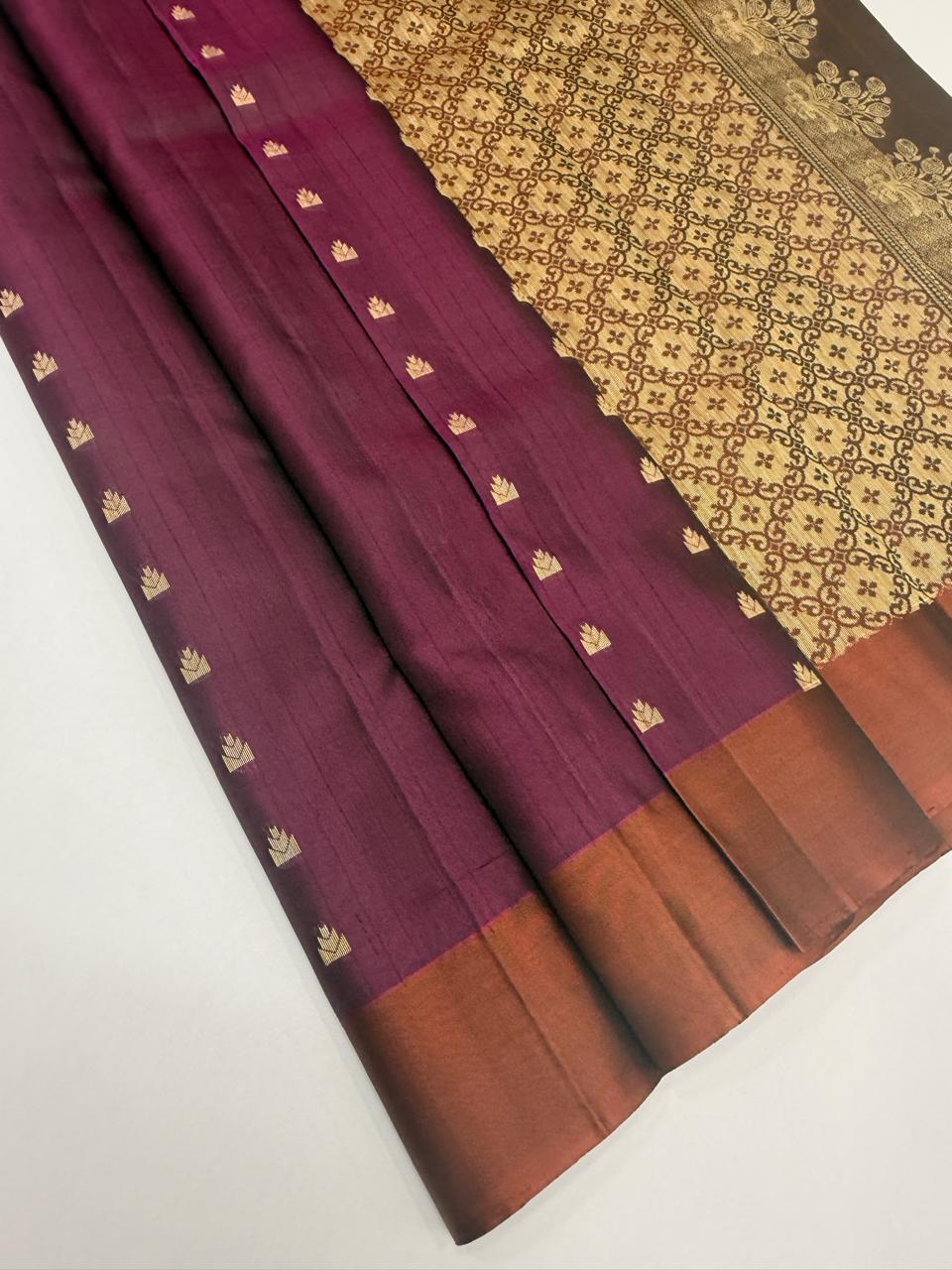 VSOH474 - dark purple color body , dark rust color pallu , blouse - Pure silk saree