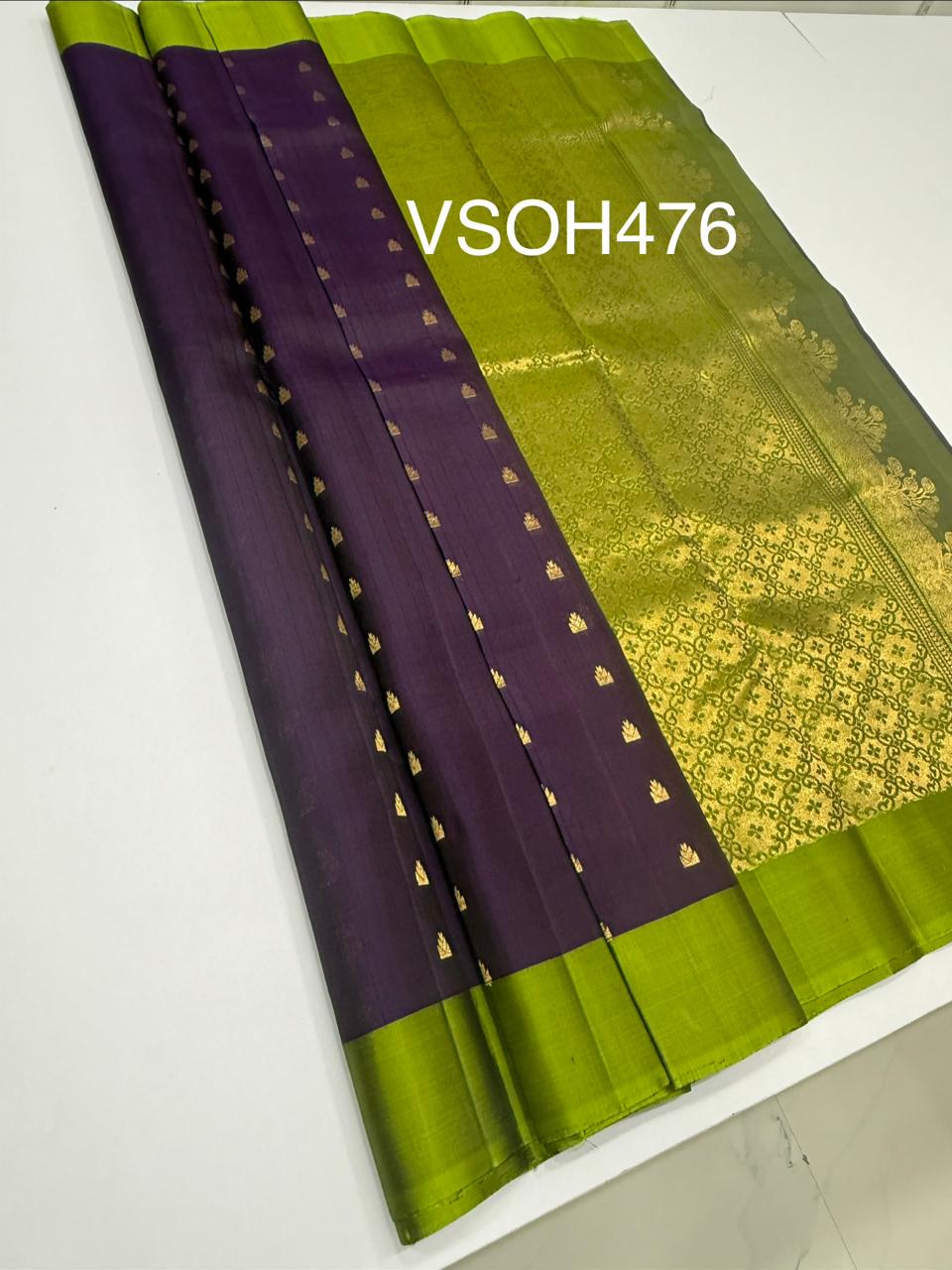 VSOH476 - dark violet color body , olive green color pallu , blouse - Pure silk saree