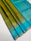 VSCB652 - green color body , dual blue color pallu , blouse - Pure silk saree