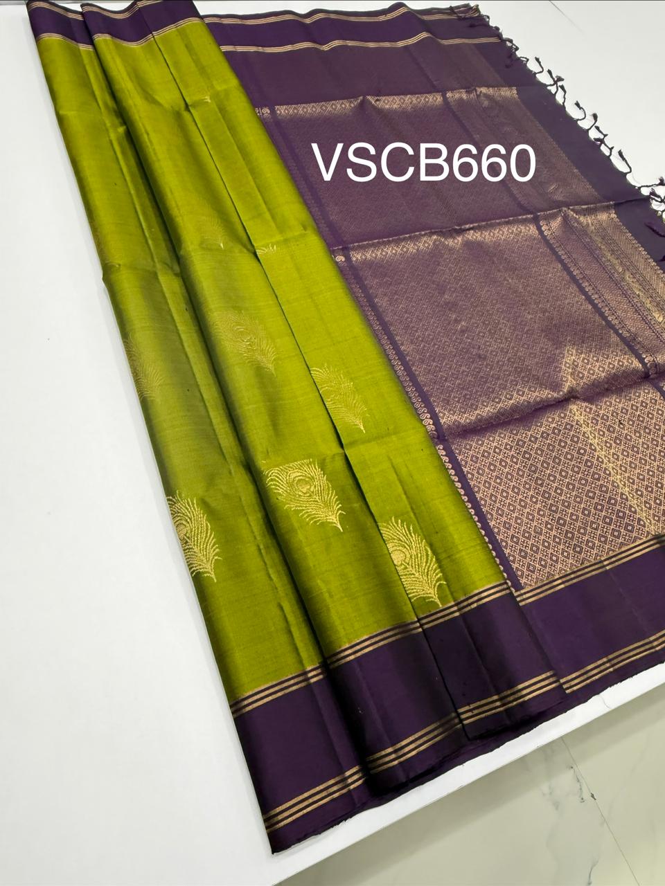 VSCB660 - green color body , violet color pallu , blouse - Pure silk saree