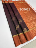 VSCB662 - coffee brown color body , peach with black color pallu , blouse - Pure silk saree