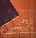 VSCB662 - coffee brown color body , peach with black color pallu , blouse - Pure silk saree