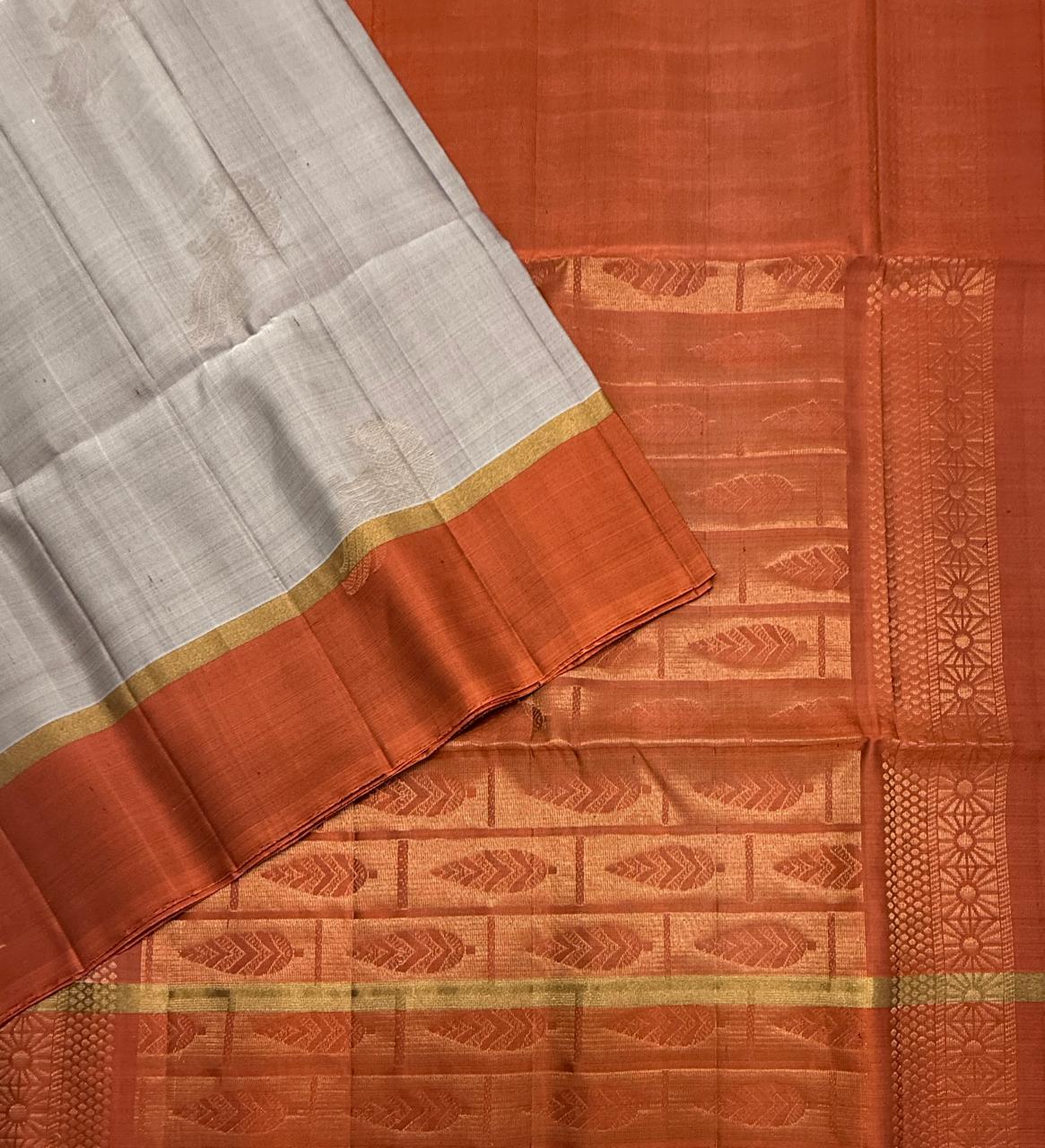 VSCB663 - dual grey color body , peach with black color pallu , blouse - Pure silk saree