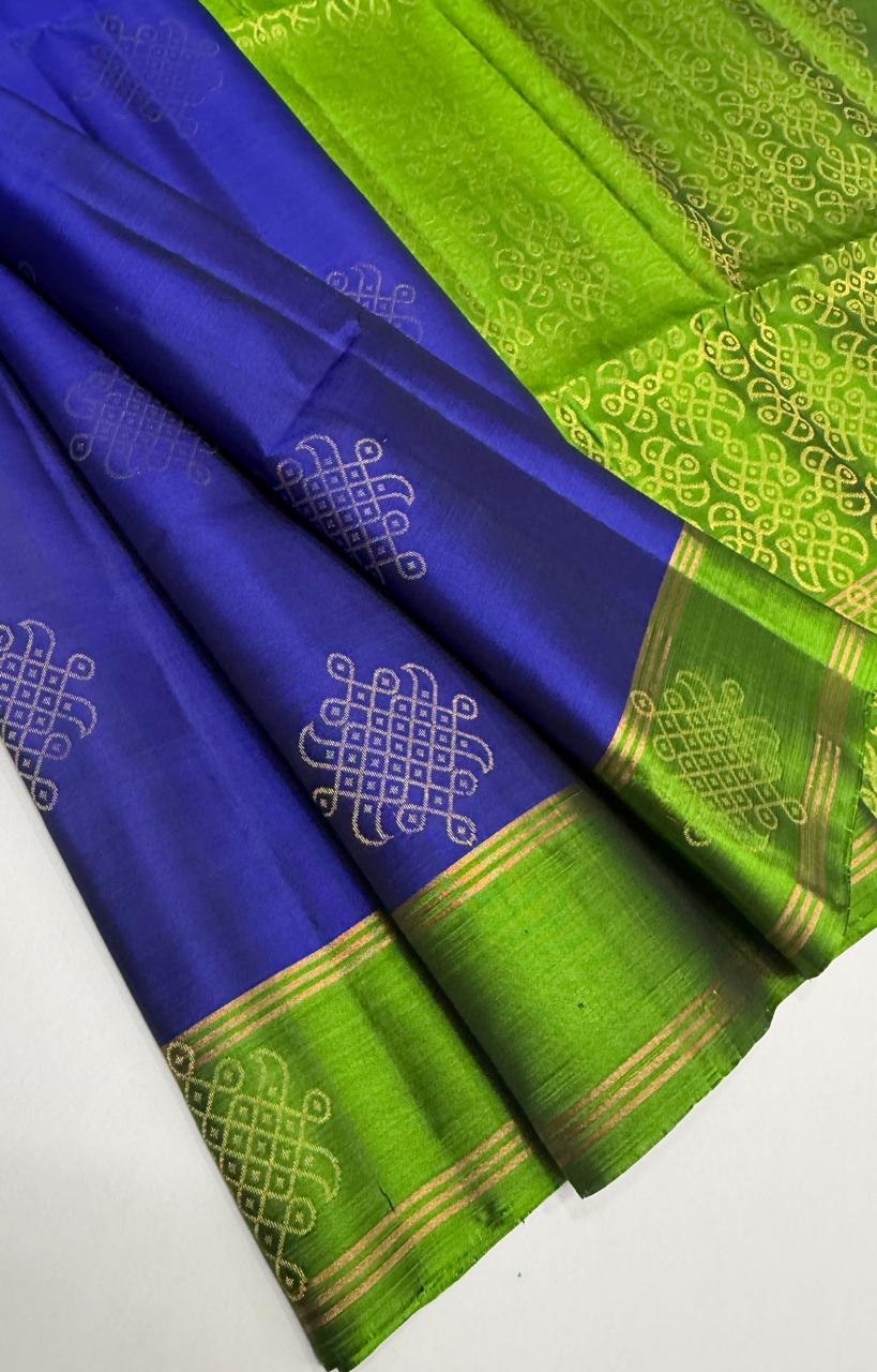 VSCB665 - ink blue color body , green color pallu , blouse - Pure silk saree