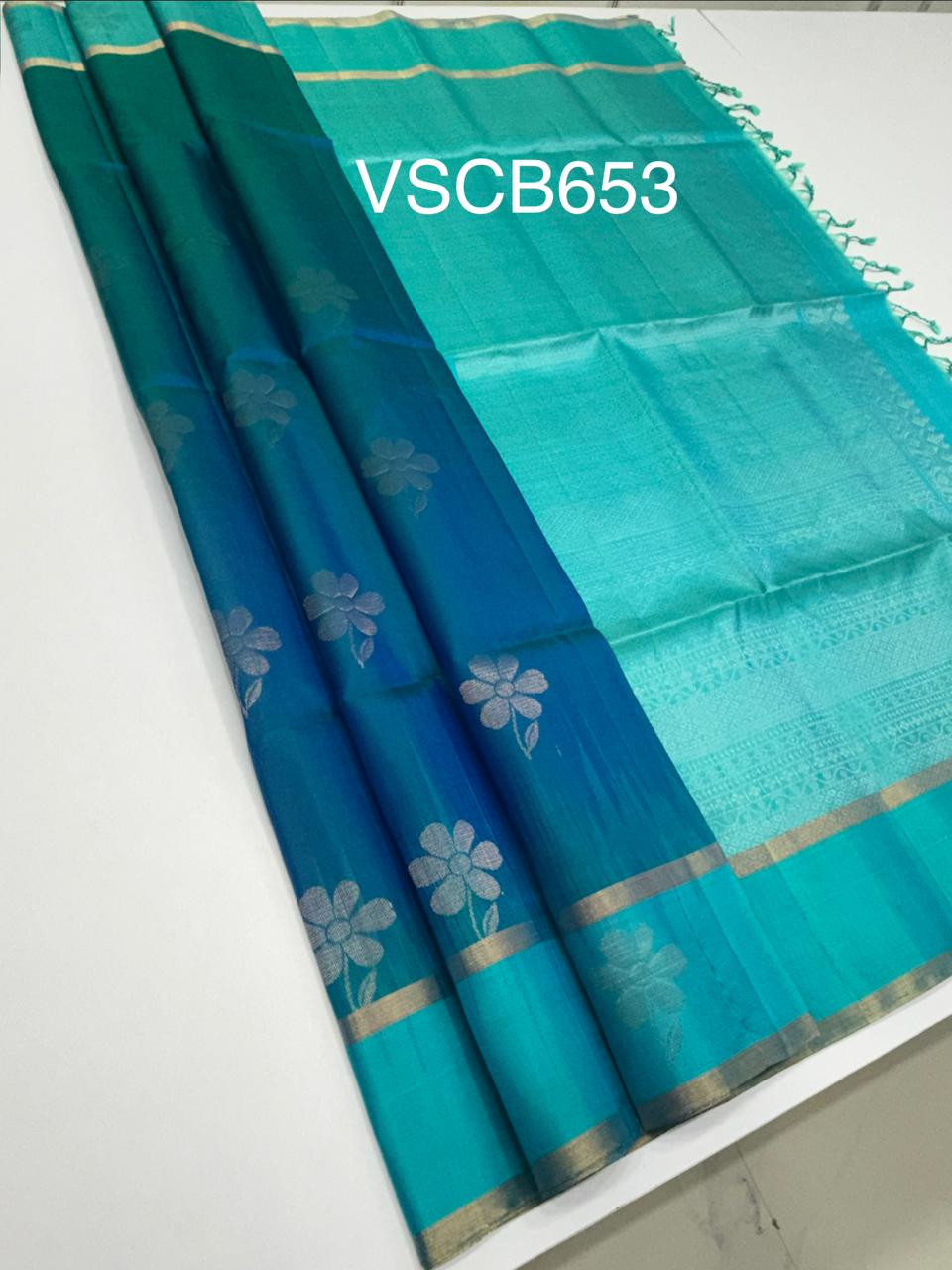 VSCB653 - peacock blue color body , dual blue color pallu , blouse - Pure silk saree