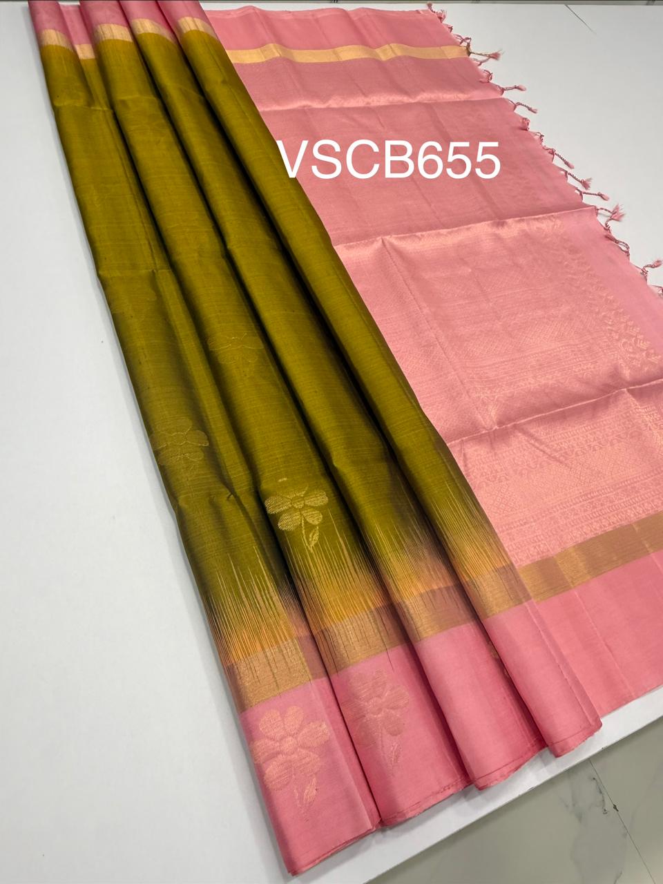 VSCB655 - mehandi green color body , baby pink color pallu , blouse - Pure silk saree