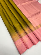 VSCB655 - mehandi green color body , baby pink color pallu , blouse - Pure silk saree
