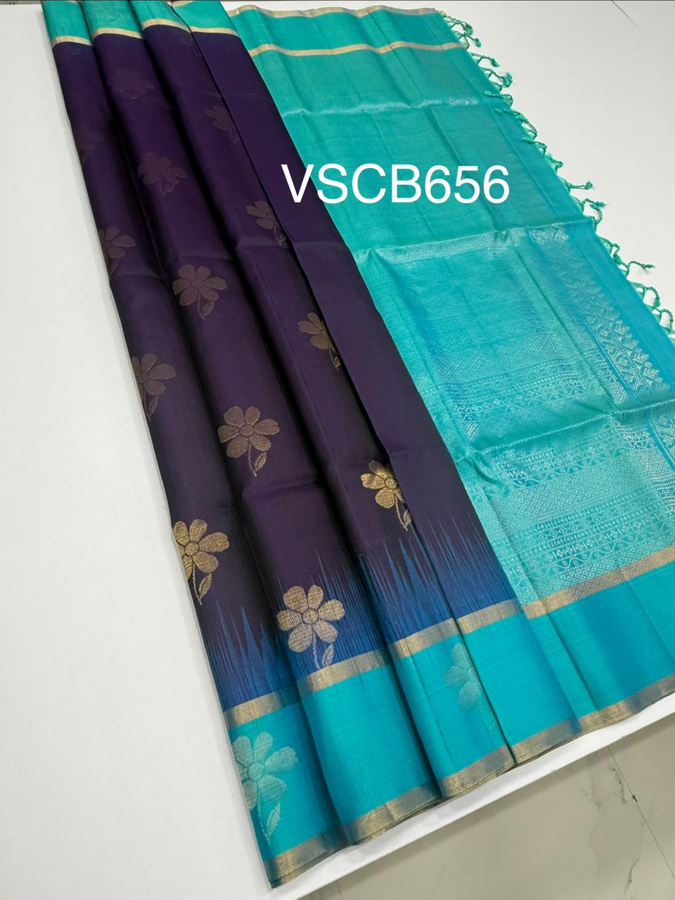 VSCB656 - dark violet color body , dual blue color pallu , blouse - Pure silk saree