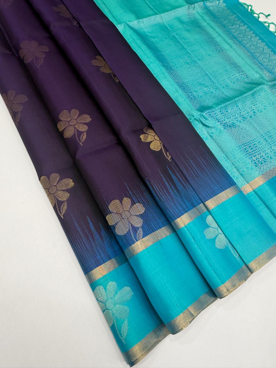 VSCB656 - dark violet color body , dual blue color pallu , blouse - Pure silk saree
