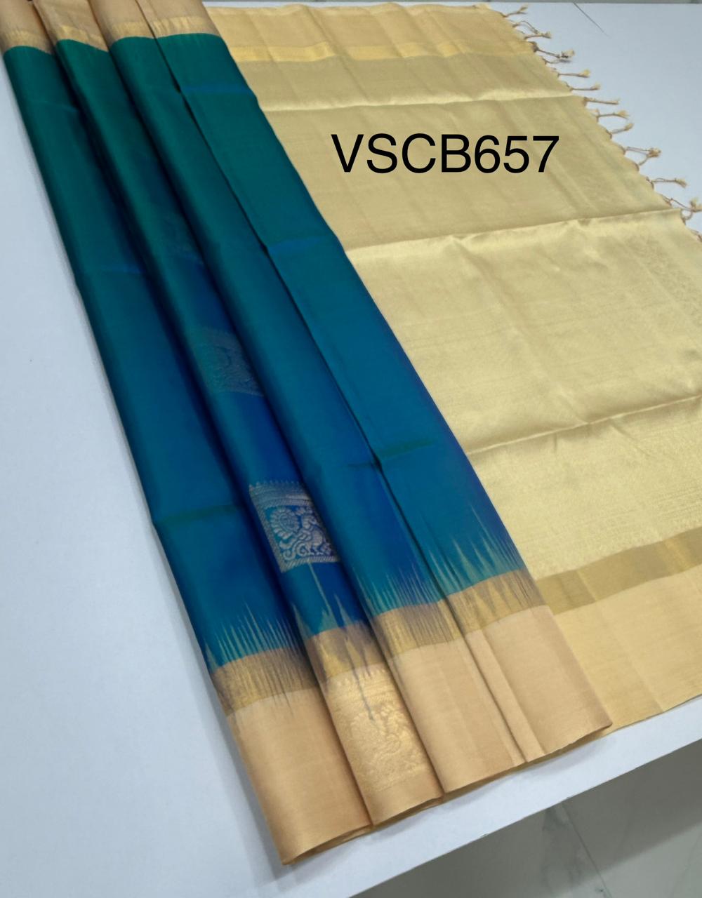 VSCB657 - peacock blue color body , sandal color pallu , blouse - Pure silk saree