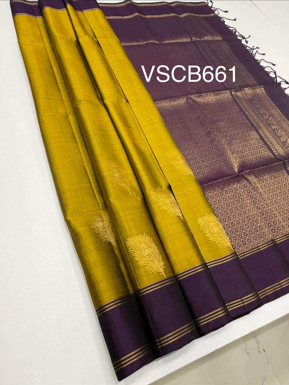 VSCB661 - mehandi color body , violet color pallu , blouse - Pure silk saree