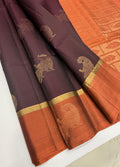VSCB662 - coffee brown color body , peach with black color pallu , blouse - Pure silk saree