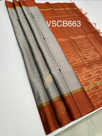 VSCB663 - dual grey color body , peach with black color pallu , blouse - Pure silk saree