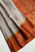 VSCB663 - dual grey color body , peach with black color pallu , blouse - Pure silk saree