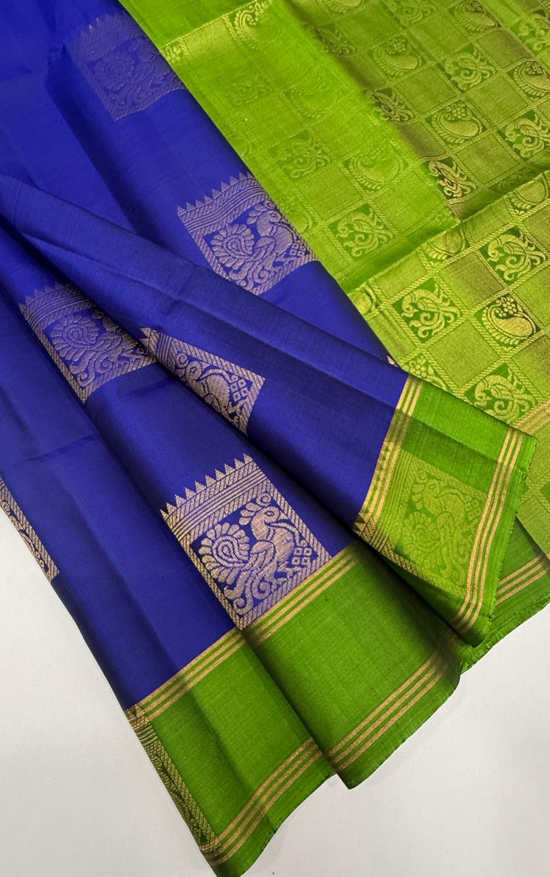 VSCB668 - ink blue color body , green color pallu , blouse - Pure silk saree