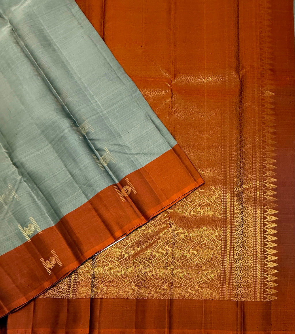 VSCB671 - dark grey color body , rust orange color pallu , blouse - Pure silk saree