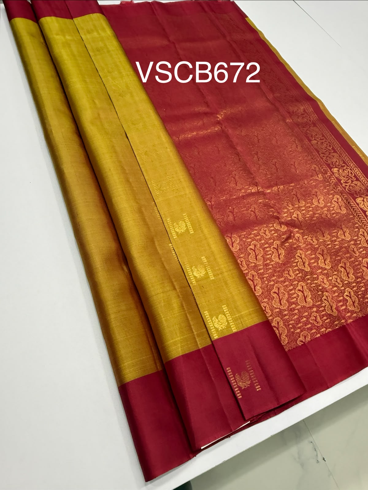 VSCB672 - red with yellow color body , dark pink color pallu , blouse - Pure silk saree