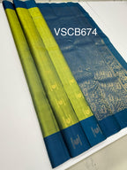 VSCB674 - green color body , peacock blue color pallu , blouse - Pure silk saree