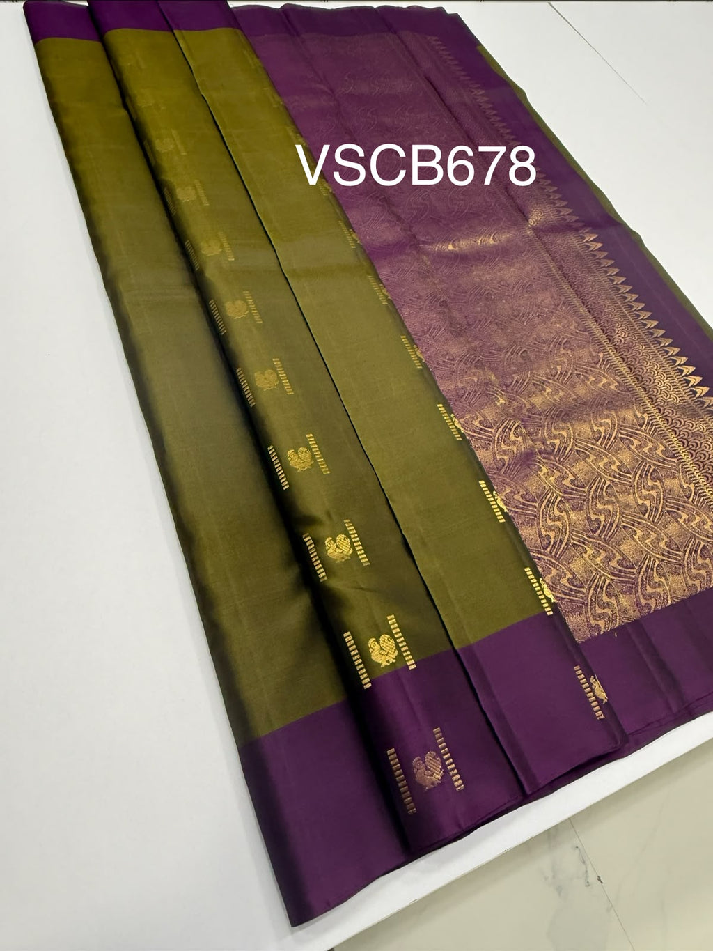 VSCB678 - cowdung green color body , dark violet color pallu , blouse - Pure silk saree