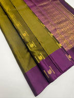 VSCB678 - cowdung green color body , dark violet color pallu , blouse - Pure silk saree