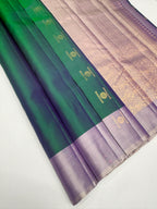 VSCB679 - dual peacock green color body , cream with violet color pallu , blouse - Pure silk saree