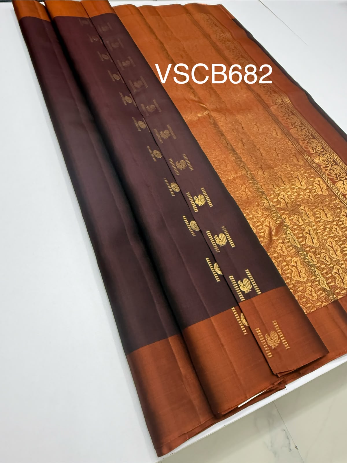 VSCB682 - coffee brown color body , rust orange color pallu , blouse - Pure silk saree