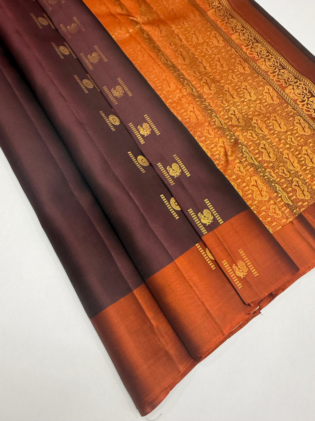 VSCB682 - coffee brown color body , rust orange color pallu , blouse - Pure silk saree
