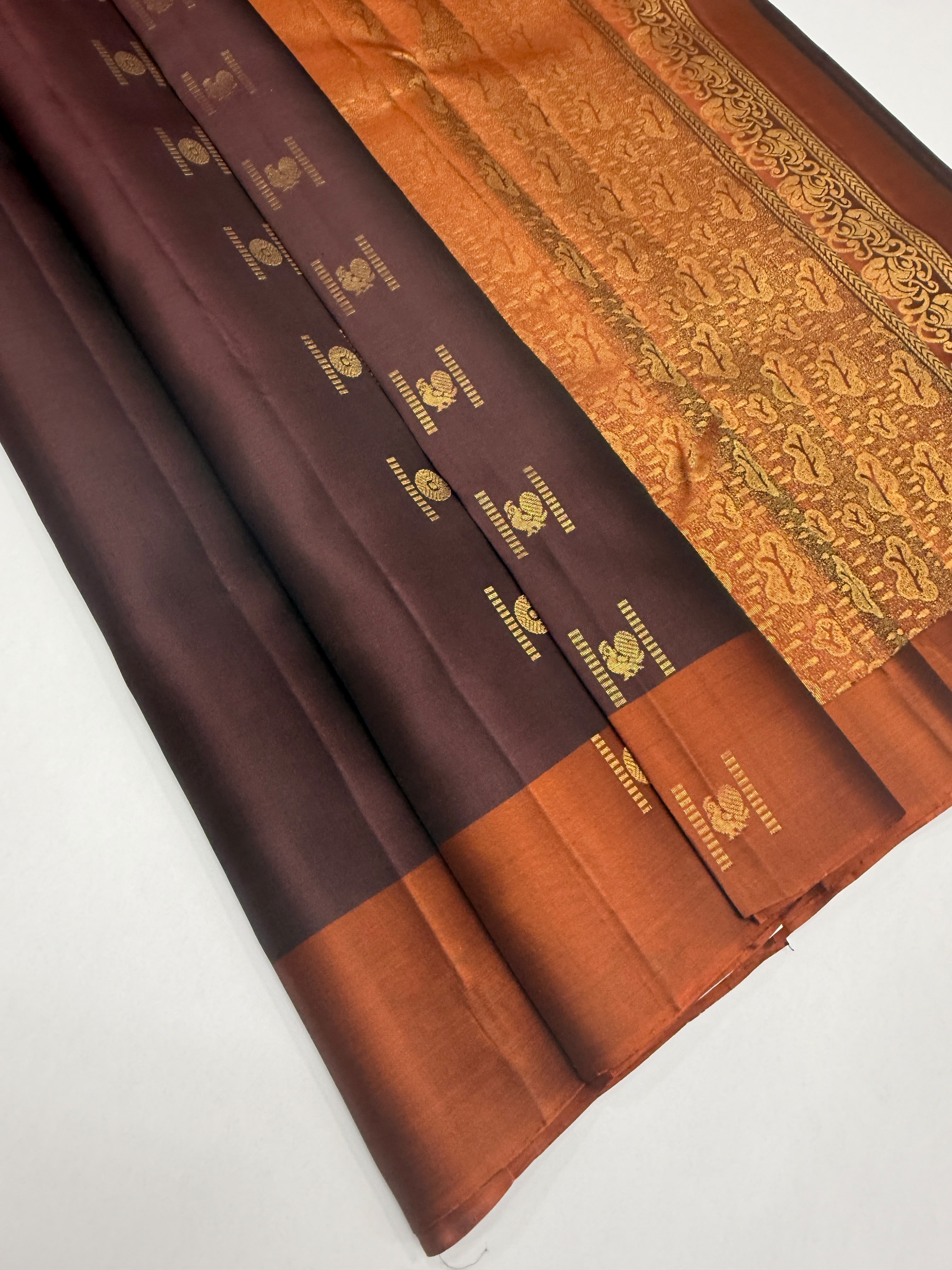 VSCB682 - coffee brown color body , rust orange color pallu , blouse - Pure silk saree