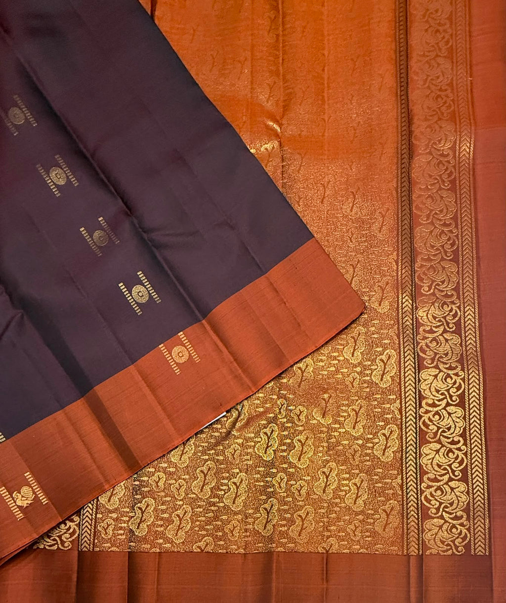 VSCB682 - coffee brown color body , rust orange color pallu , blouse - Pure silk saree