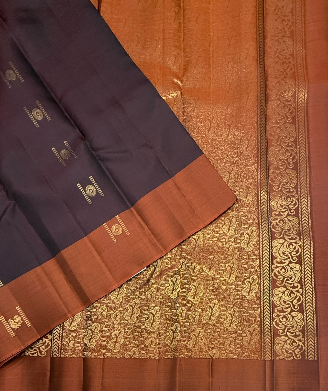 VSCB682 - coffee brown color body , rust orange color pallu , blouse - Pure silk saree