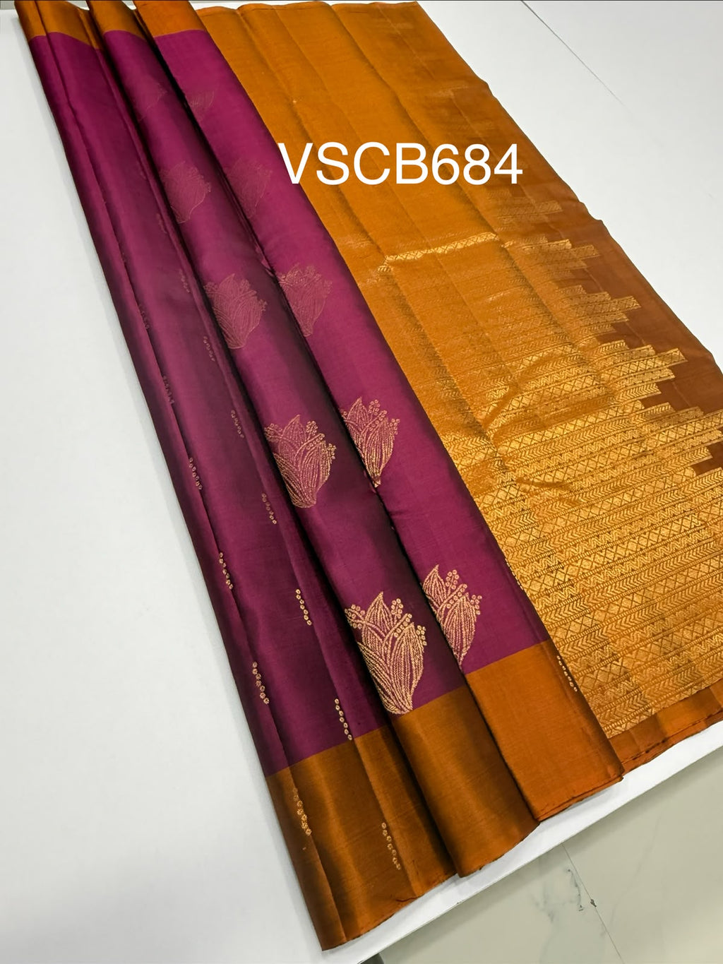 VSCB684 - purple color body , rust orange color pallu , blouse - Pure silk saree