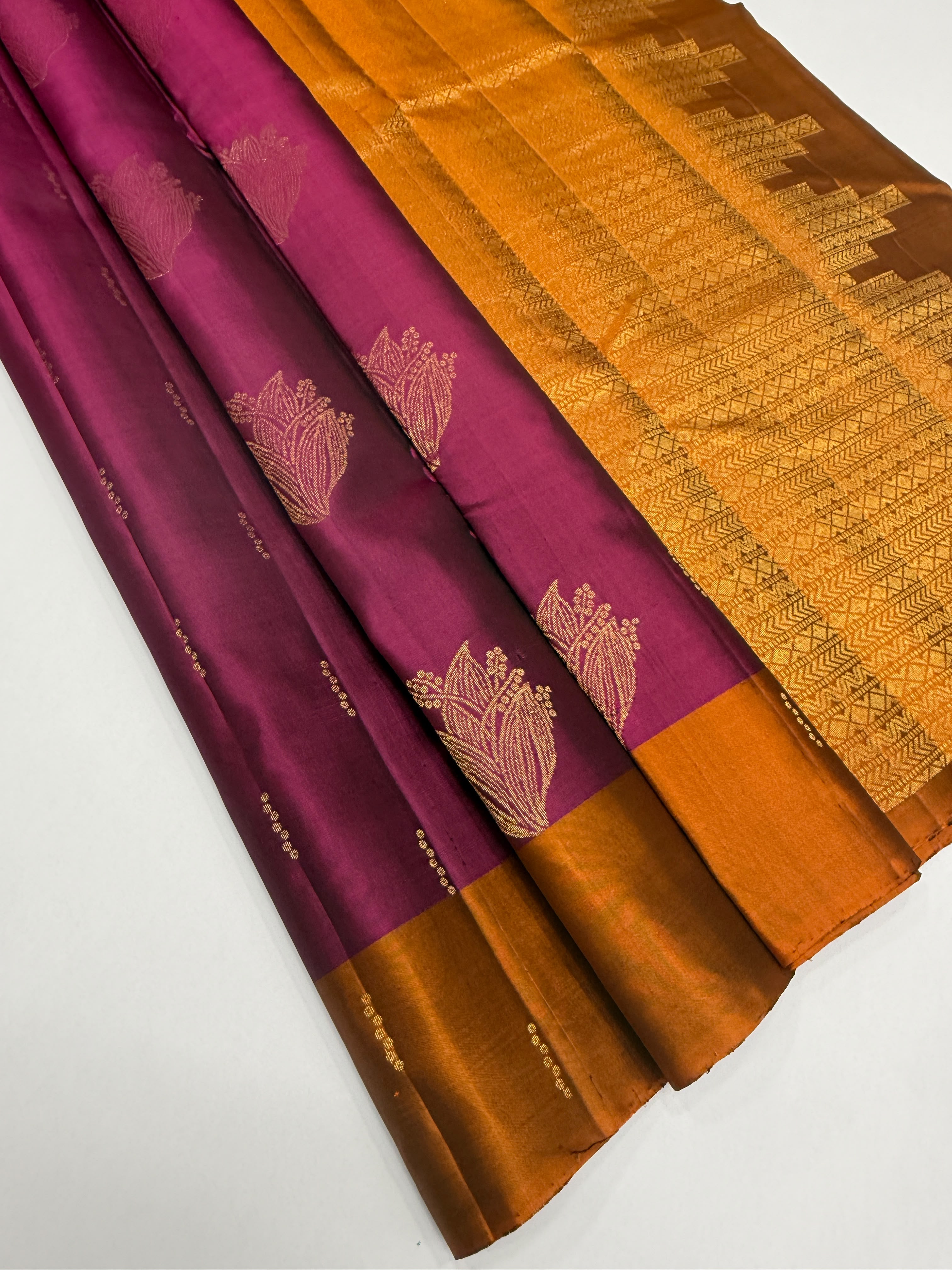VSCB684 - purple color body , rust orange color pallu , blouse - Pure silk saree