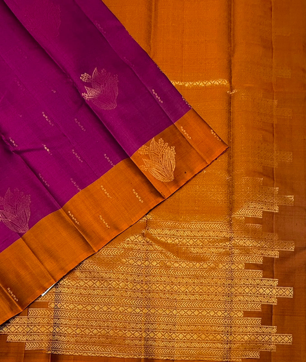 VSCB684 - purple color body , rust orange color pallu , blouse - Pure silk saree