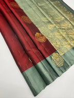 VSCB687 - maroon color body , pastel green color pallu , blouse - Pure silk saree