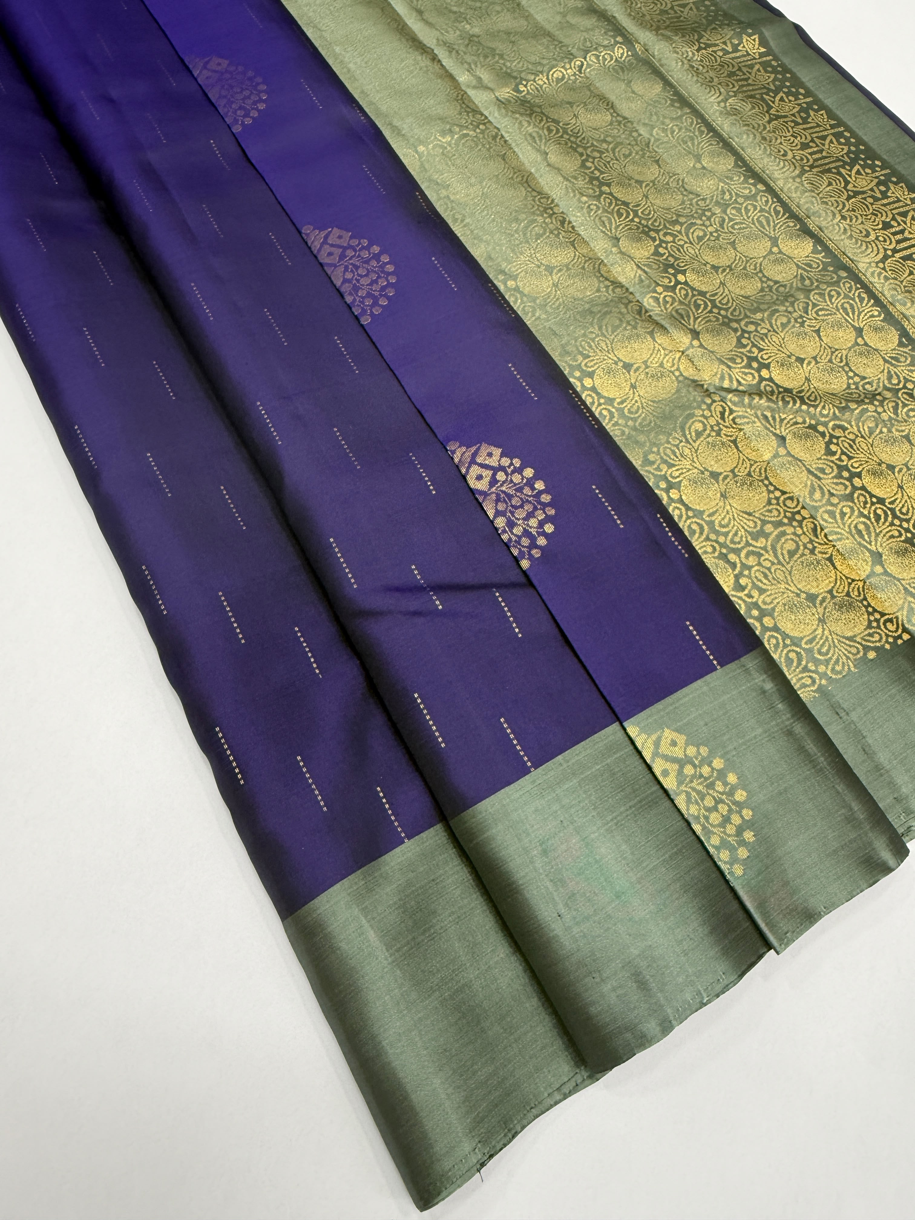 VSCB688 - violet with ink blue color body , grey color pallu , blouse - Pure silk saree