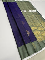VSCB688 - violet with ink blue color body , grey color pallu , blouse - Pure silk saree