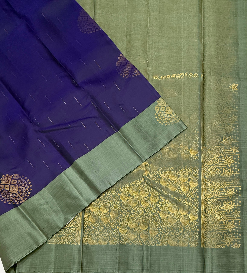 VSCB688 - violet with ink blue color body , grey color pallu , blouse - Pure silk saree