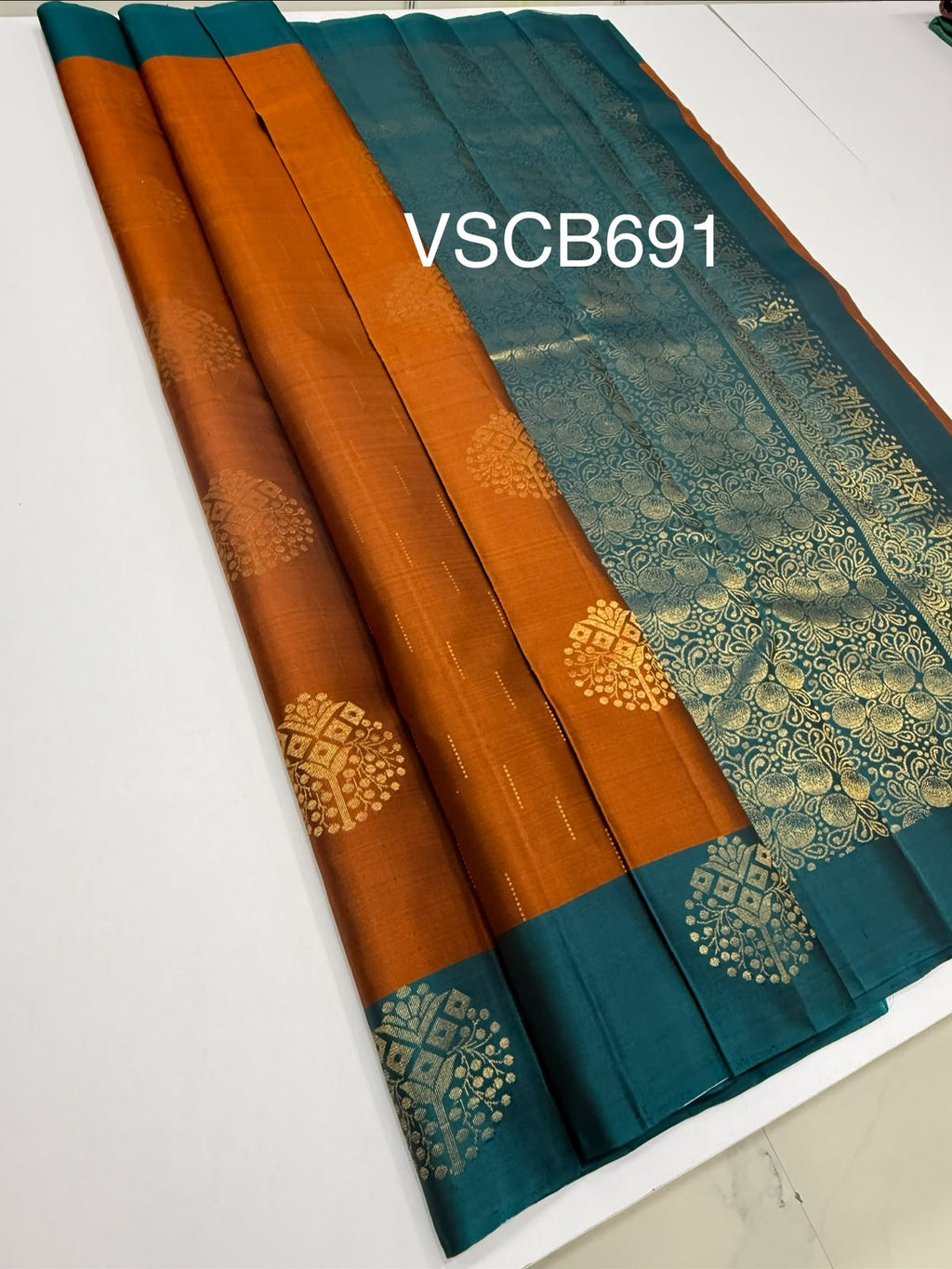 VSCB691 - rust orange color body , peacock blue color pallu , blouse - Pure silk saree